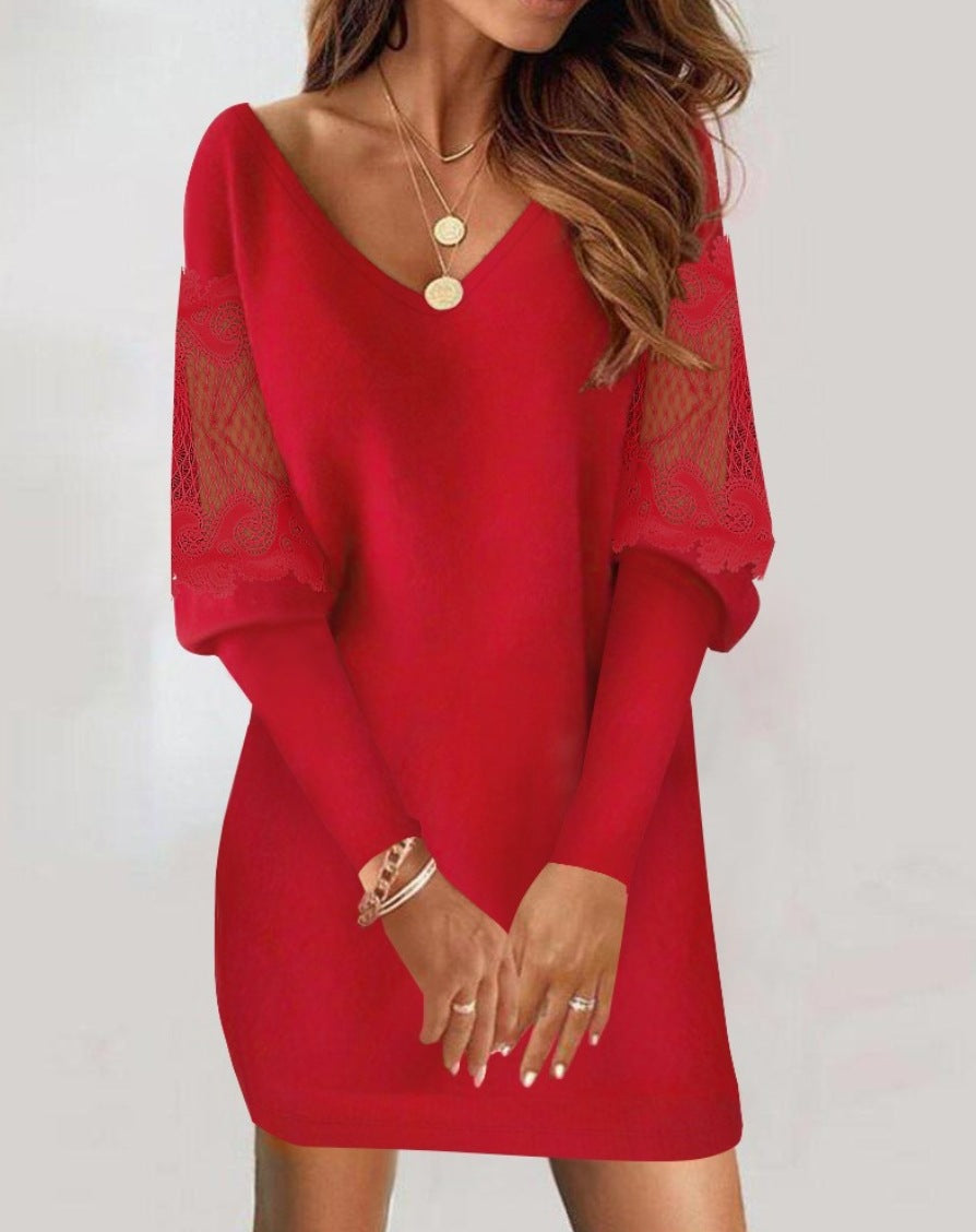 V-Neck Patchwork Dress – Long Sleeve Elegant Dress for Women