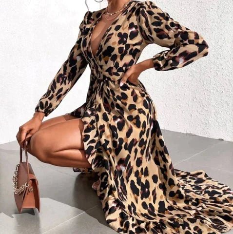 Leopard Print Dress – V-Neck Elegant Women's Fashion