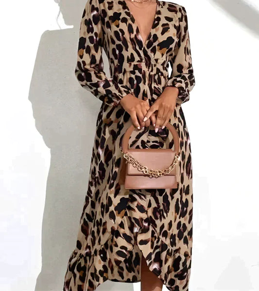 Leopard Print Dress – V-Neck Elegant Women's Fashion