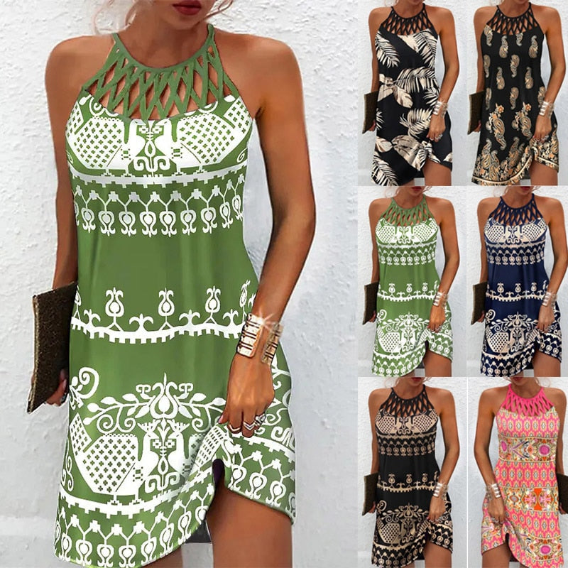 Printed Halter Dress – Women's Elegant Summer Fashion