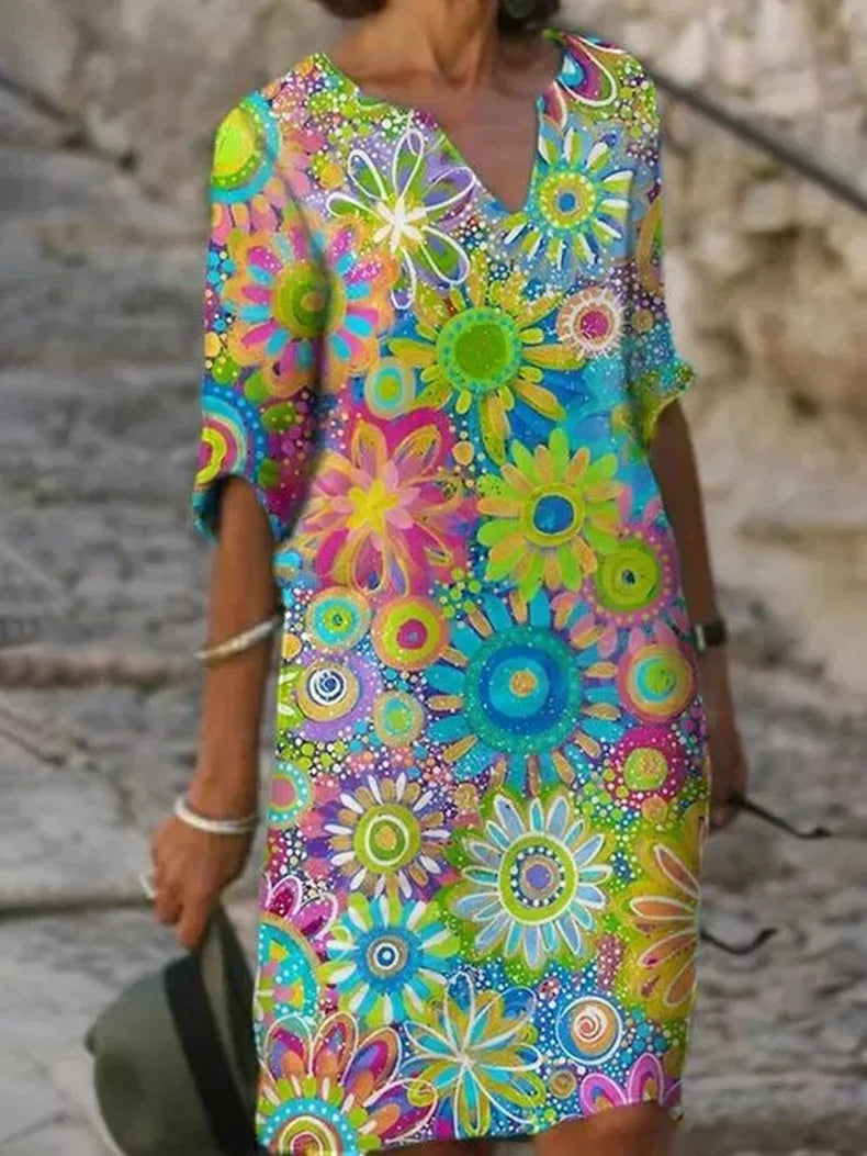 Floral V-Neck Dress – Elegant Women's Summer Dress with Patterned Design