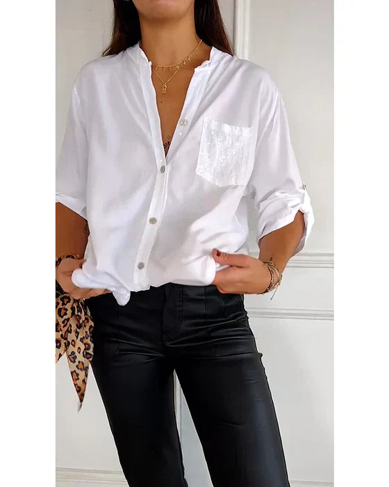 Casual Top with Buttons – Stylish Sequin-Embellished Women's Blouse