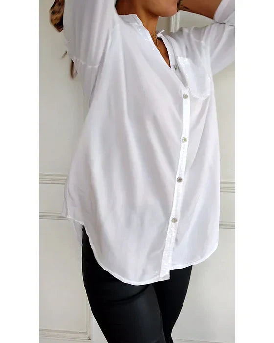 Casual Top with Buttons – Stylish Sequin-Embellished Women's Blouse