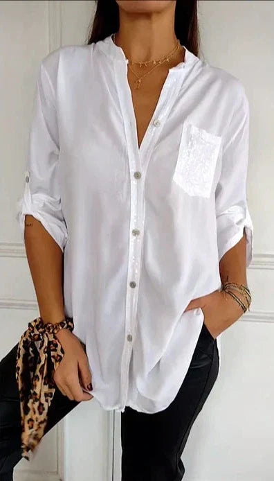 Casual Top with Buttons – Stylish Sequin-Embellished Women's Blouse