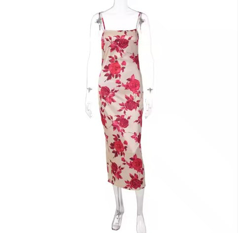 Bodycon Dress with Rose Print – Elegant Long Floral Dress for Women