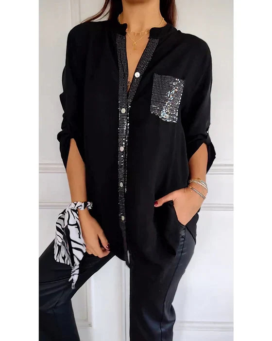 Casual Top with Buttons – Stylish Sequin-Embellished Women's Blouse