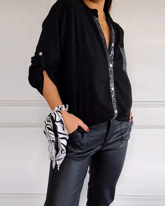 Casual Top with Buttons – Stylish Sequin-Embellished Women's Blouse