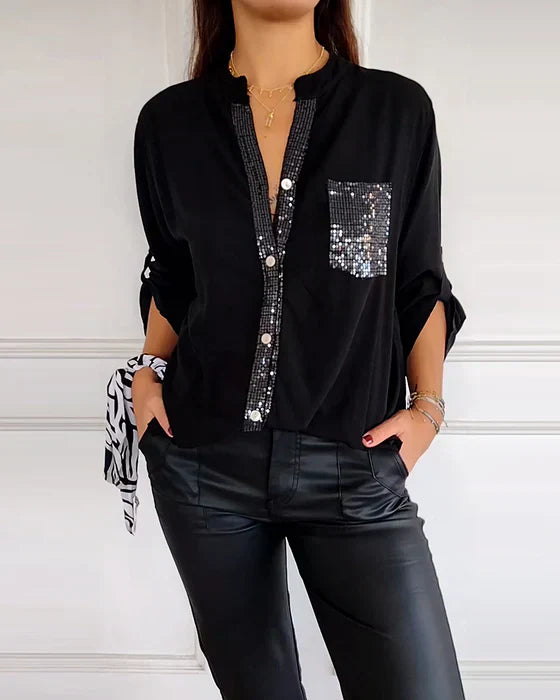 Casual Top with Buttons – Stylish Sequin-Embellished Women's Blouse