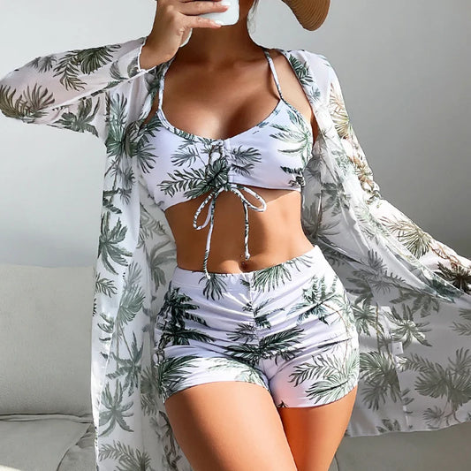 Bikini Set Women – 3 in 1 Swimwear Top Bottom Kimono