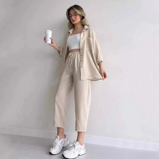 Casual Two-Piece Suit – Sporty Loose Shirt Coat & Harem Pants for Women