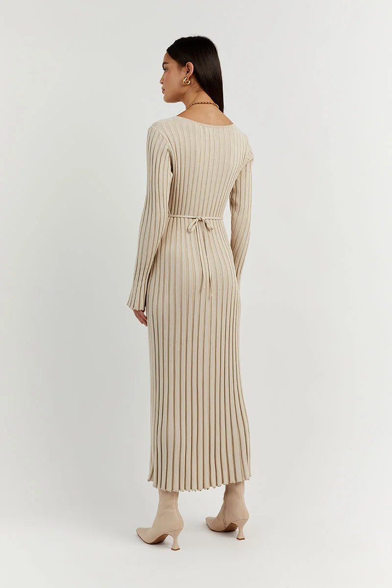 V-Neck Knit Midi Dress – Elegant Sleeved Dress for Women