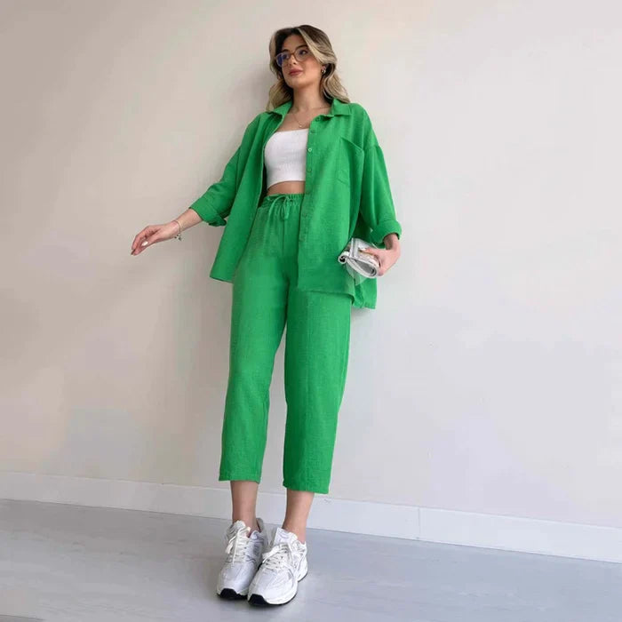 Casual Two-Piece Suit – Sporty Loose Shirt Coat & Harem Pants for Women