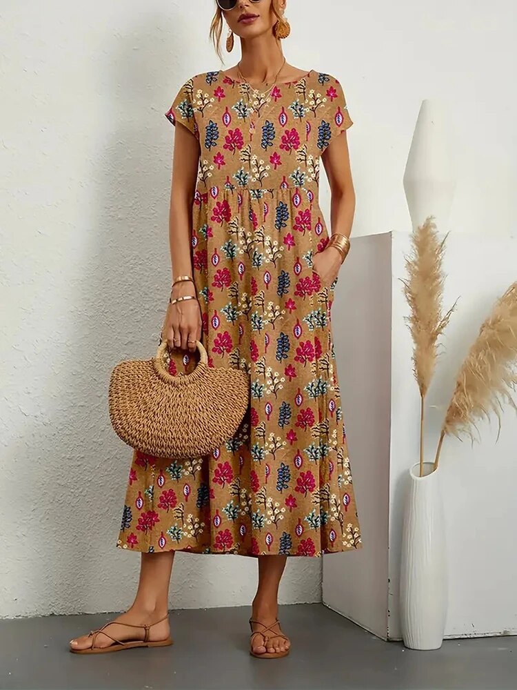 Floral Dress Women – Elegant Summer Midi Dress with Sleeves