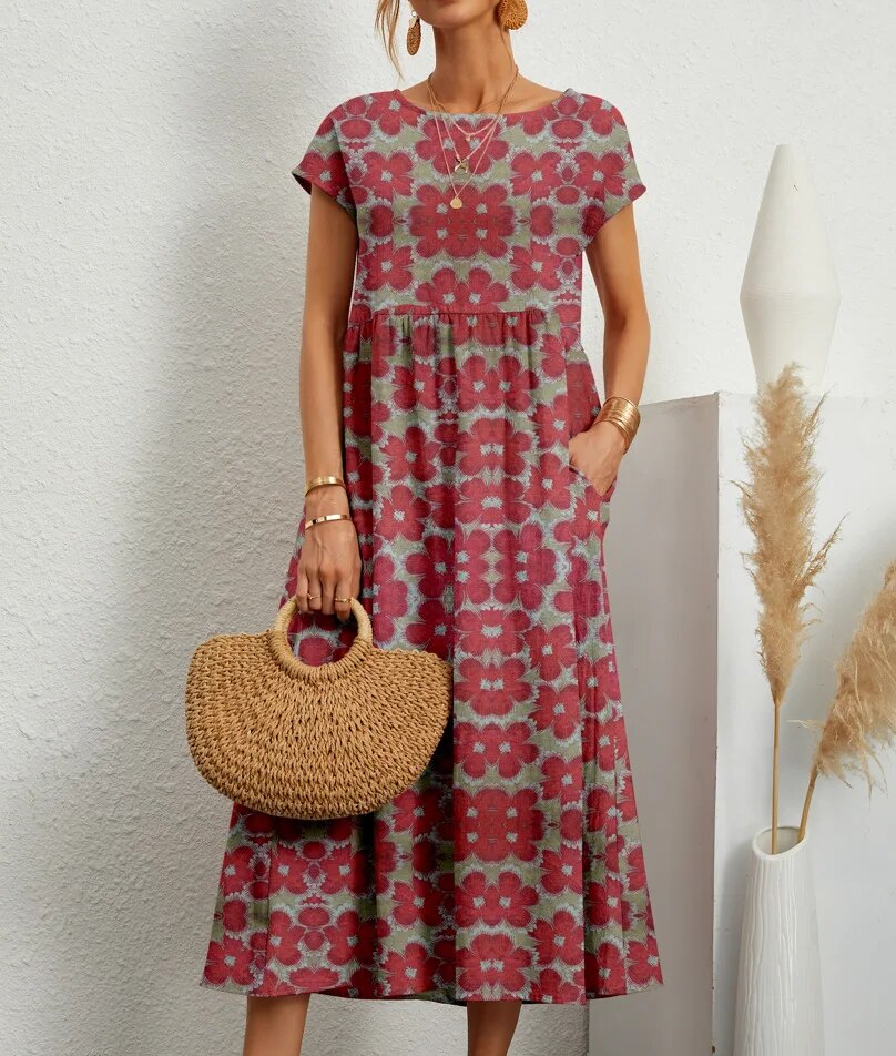 Floral Dress Women – Elegant Summer Midi Dress with Sleeves