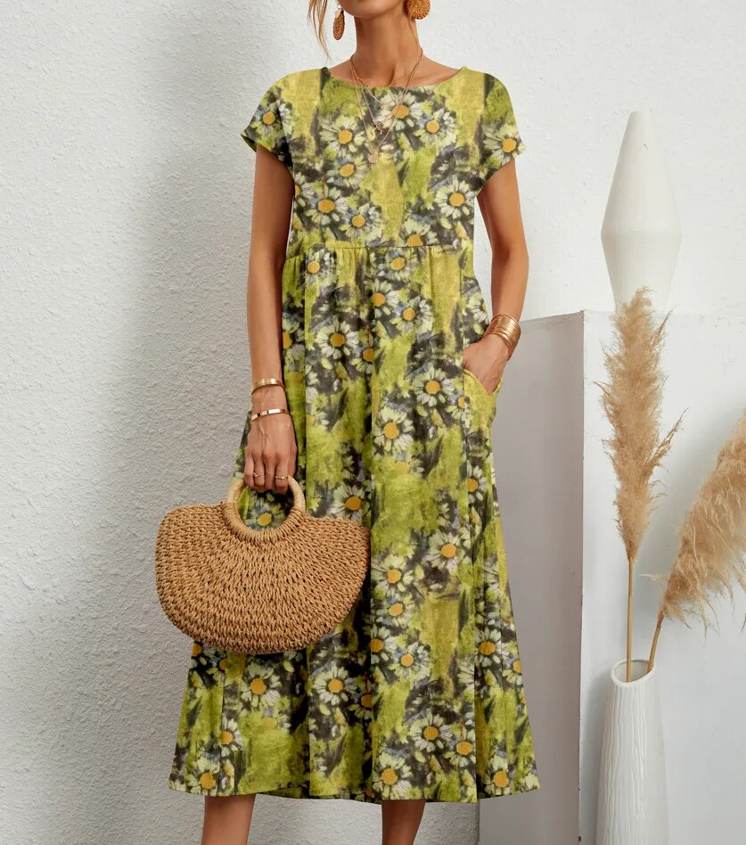 Floral Dress Women – Elegant Summer Midi Dress with Sleeves