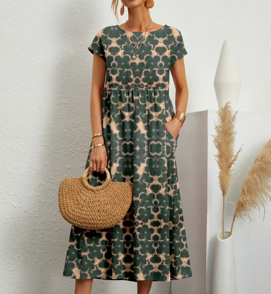 Floral Dress Women – Elegant Summer Midi Dress with Sleeves