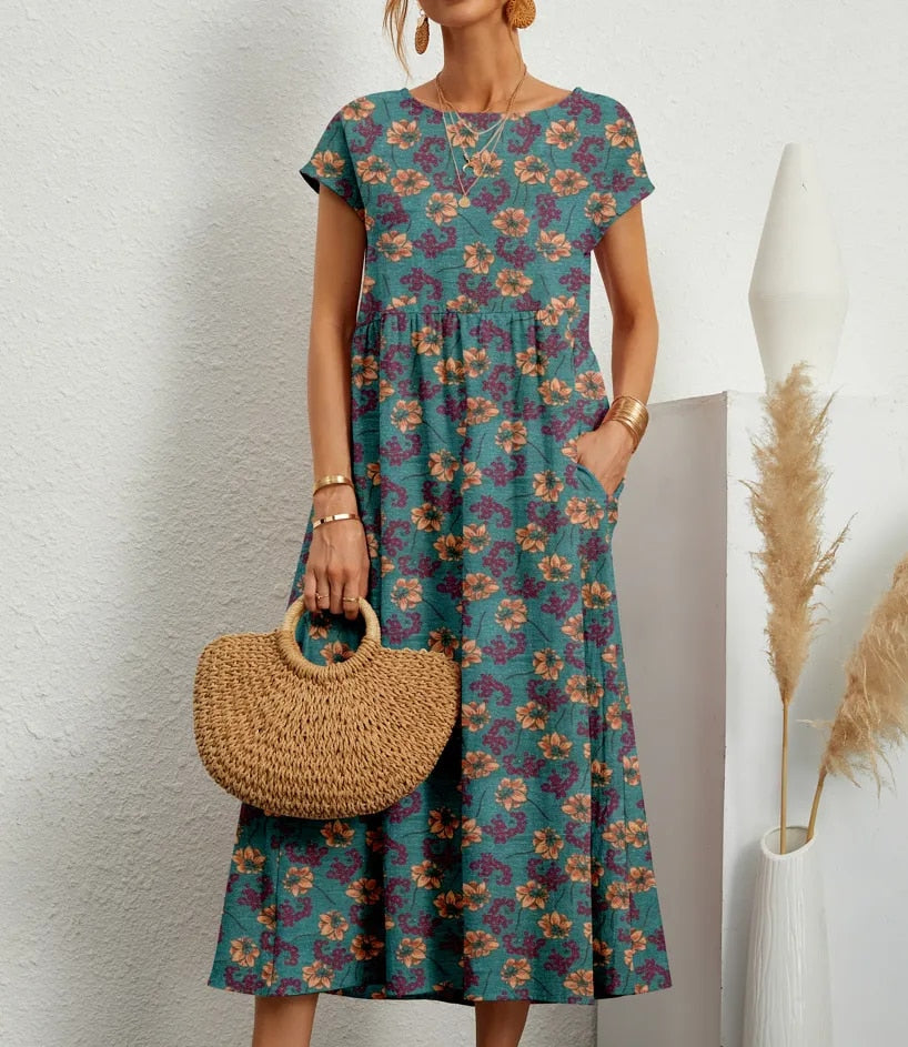 Floral Dress Women – Elegant Summer Midi Dress with Sleeves