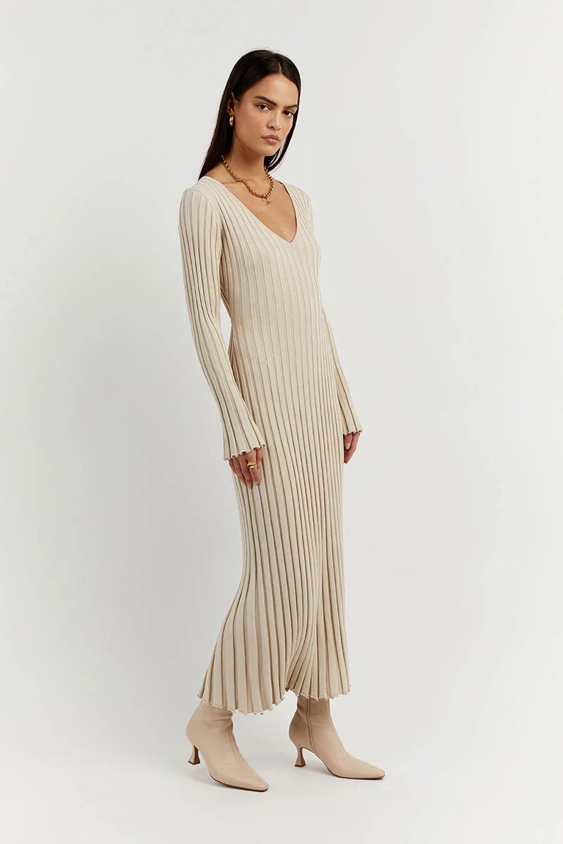 V-Neck Knit Midi Dress – Elegant Sleeved Dress for Women