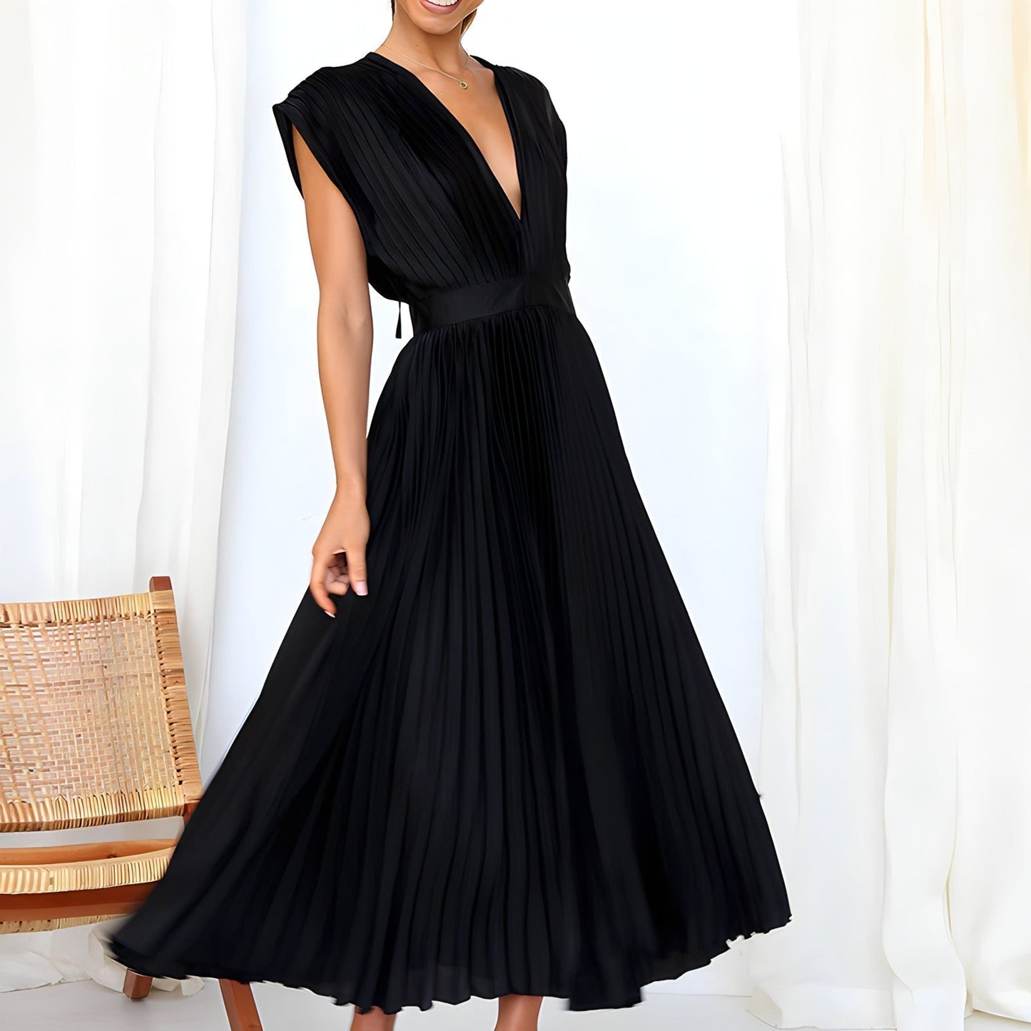 Elegant Maxi Dress for Women – Chic Flowing Evening Gown with Sleeves