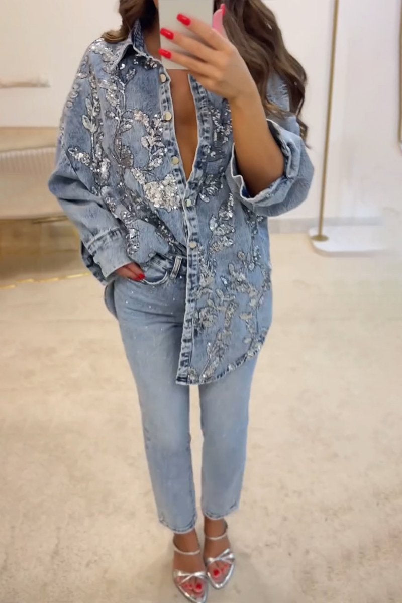 Denim Cardigan with Sequins – Stylish Women's Layering Piece