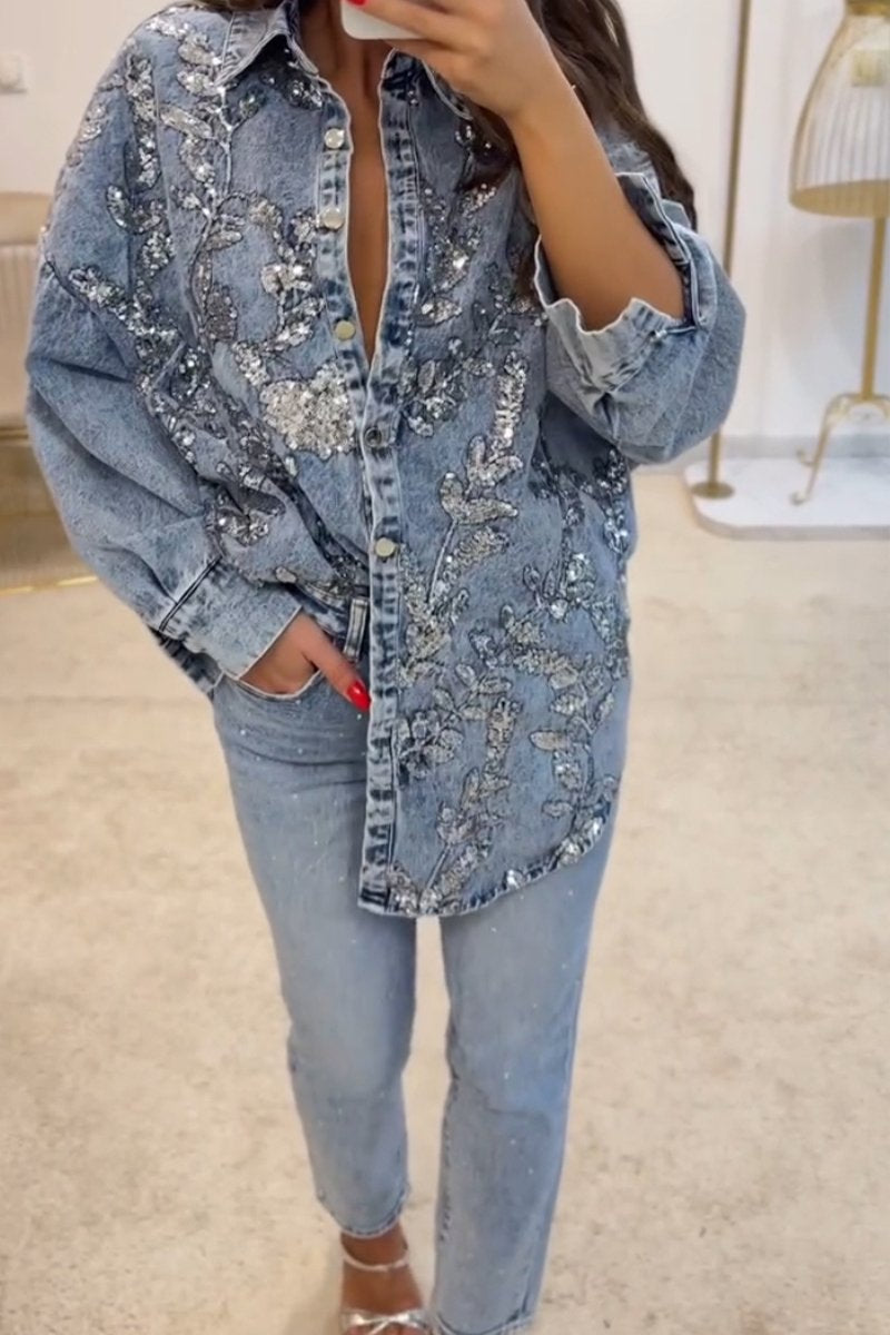 Denim Cardigan with Sequins – Stylish Women's Layering Piece