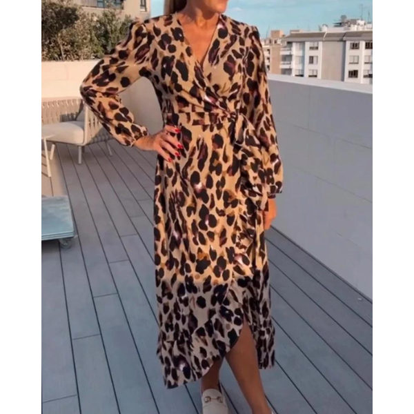 Leopard Print Dress – V-Neck Elegant Women's Fashion