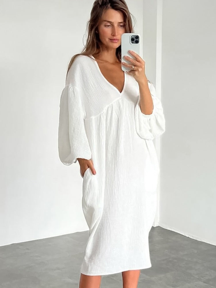 Casual Women's Dress – Elegant Summer Midi Dress with Sleeves