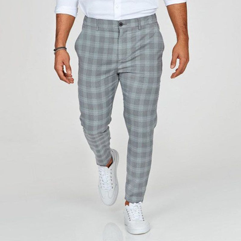 Men's Slim Fit Trousers – Elegant Check Pattern Dress Pants