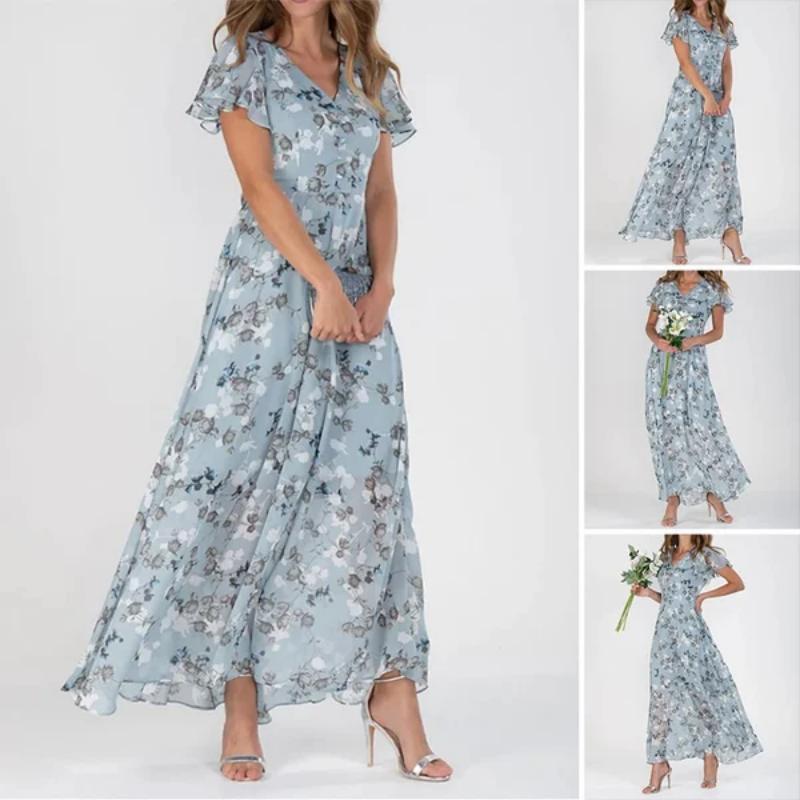 Floral Print Long Dress – Short Sleeve Elegant Summer Dress for Women