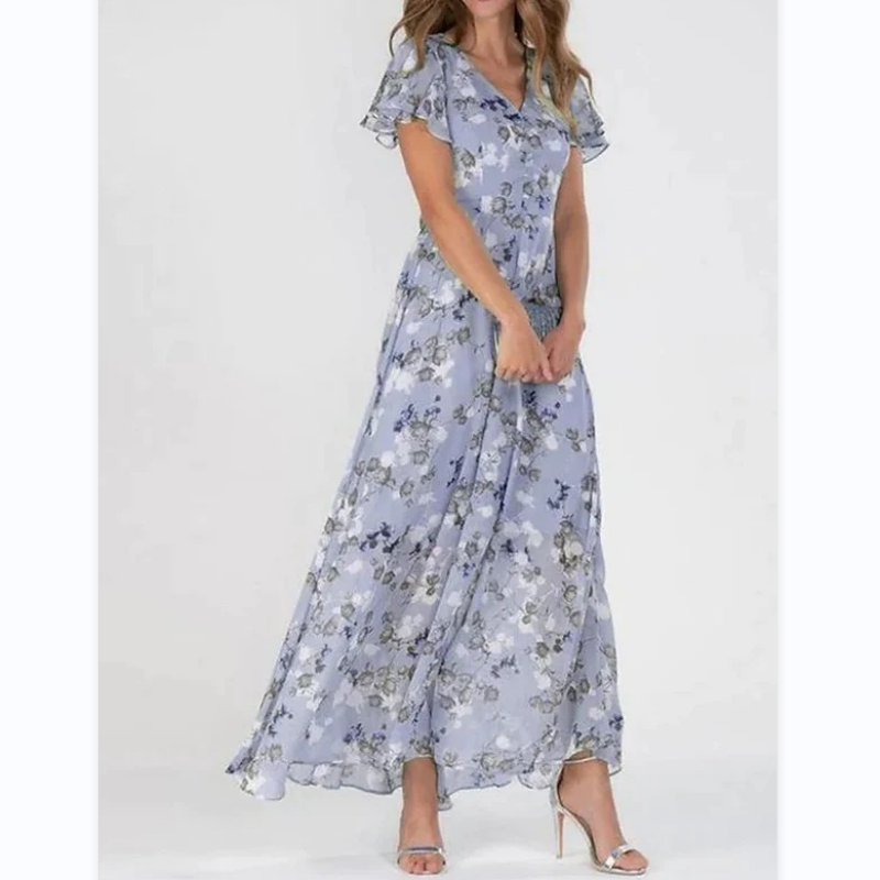 Floral Print Long Dress – Short Sleeve Elegant Summer Dress for Women