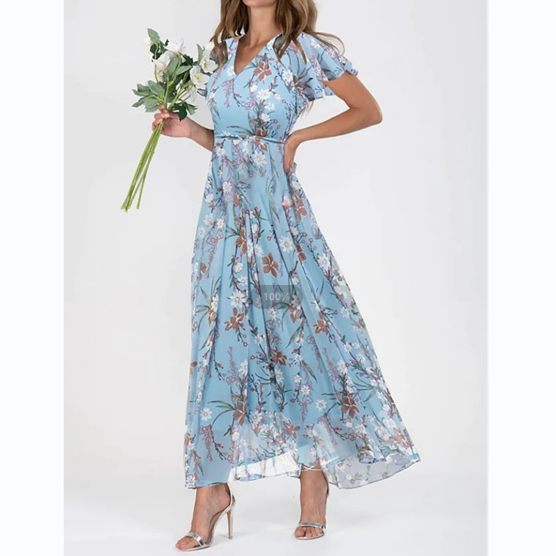 Floral Print Long Dress – Short Sleeve Elegant Summer Dress for Women