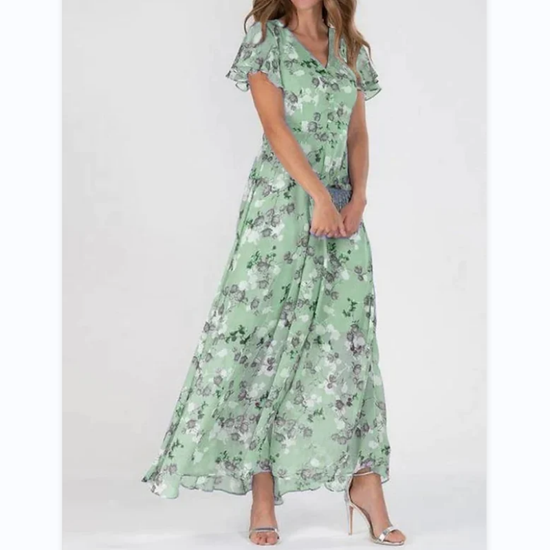 Floral Print Long Dress – Short Sleeve Elegant Summer Dress for Women