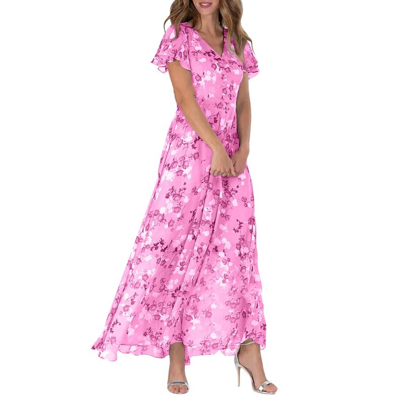 Floral Print Long Dress – Short Sleeve Elegant Summer Dress for Women