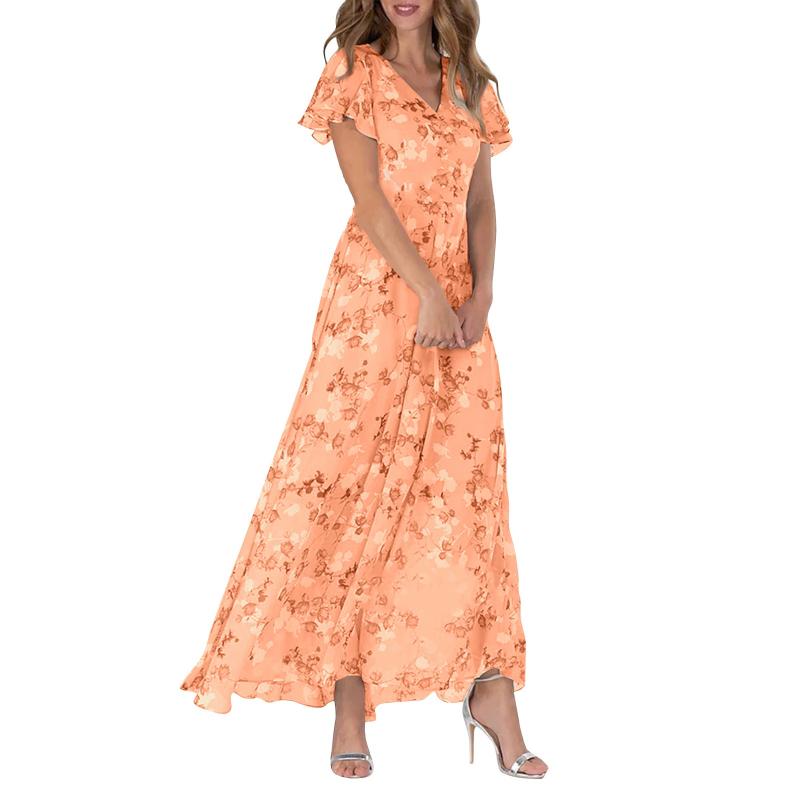 Floral Print Long Dress – Short Sleeve Elegant Summer Dress for Women