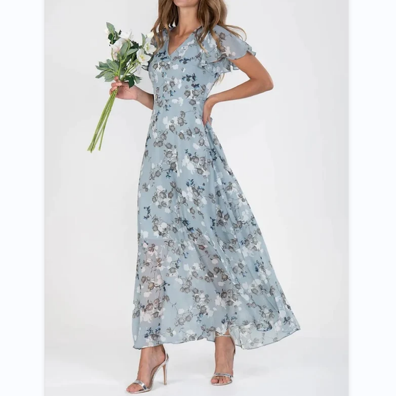 Floral Print Long Dress – Short Sleeve Elegant Summer Dress for Women