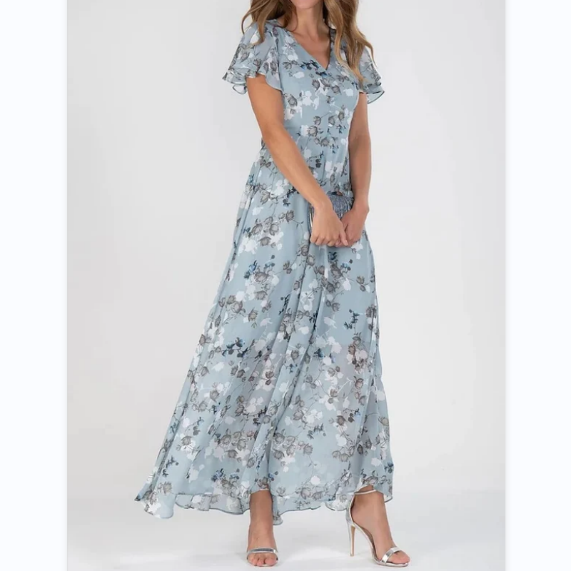 Floral Print Long Dress – Short Sleeve Elegant Summer Dress for Women