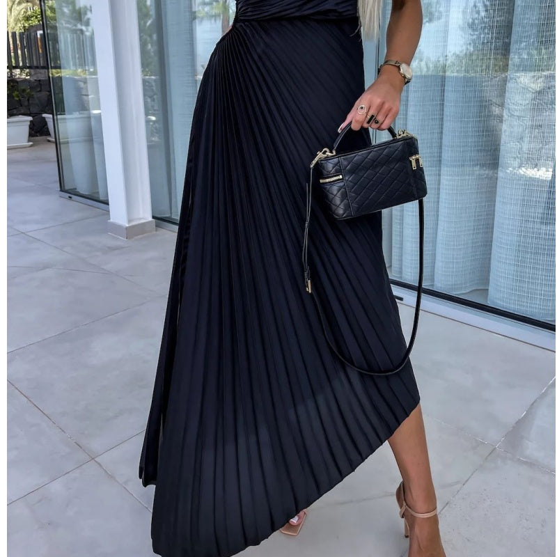 Maxi Dress Women – One-Shoulder Pleated Evening Gown with Hollow Hem