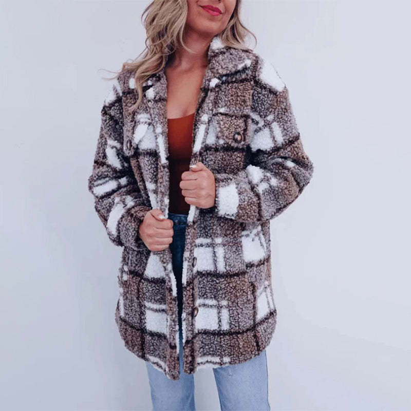 Teddy Jacket Women – Stylish Checked Plush Outerwear for Fall