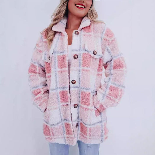 Teddy Jacket Women – Stylish Checked Plush Outerwear for Fall