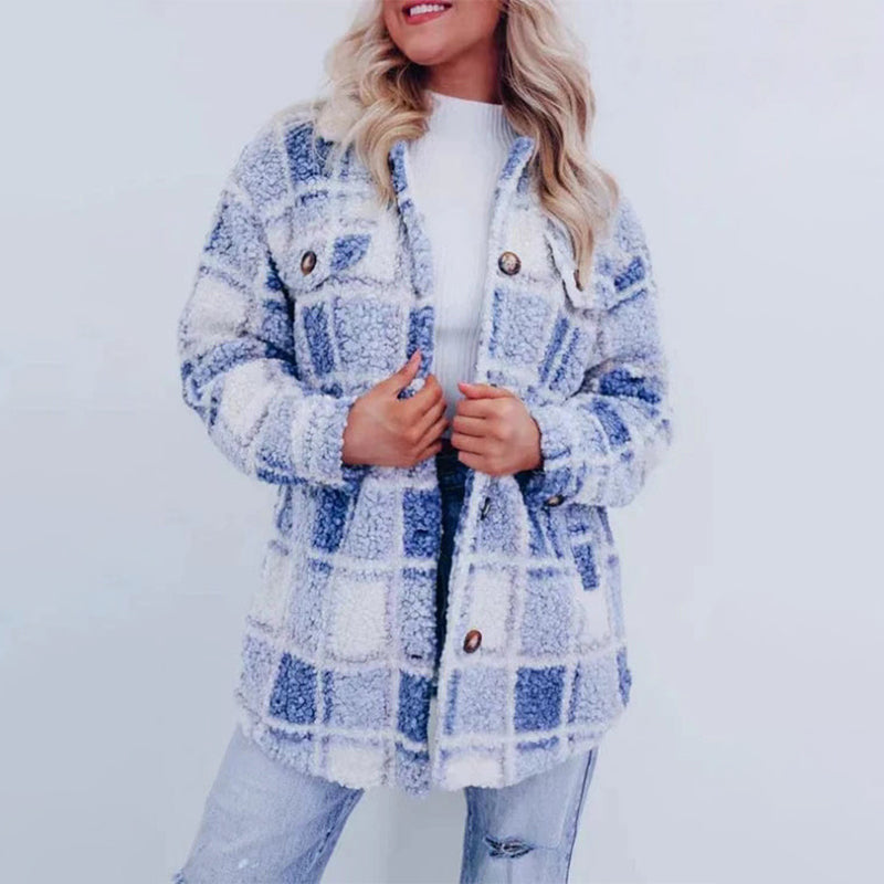 Teddy Jacket Women – Stylish Checked Plush Outerwear for Fall